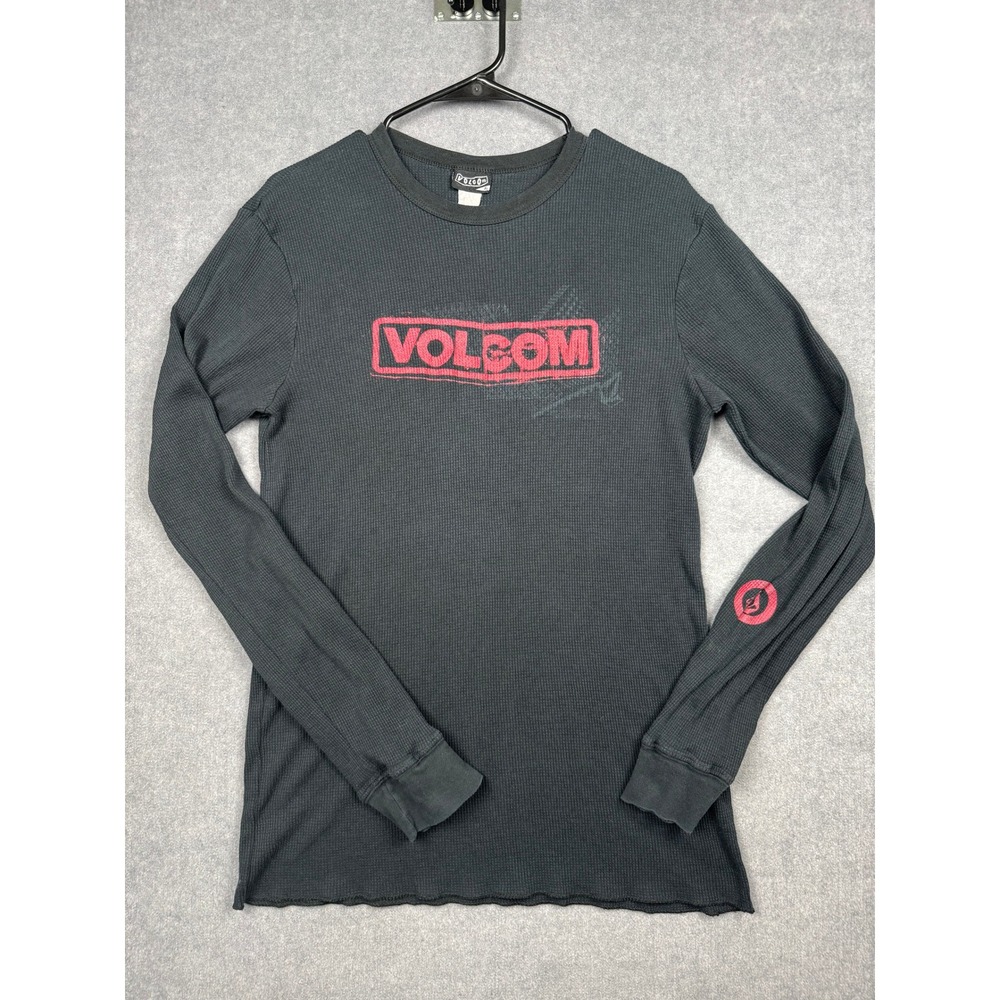 Y2K Volcom Mens XL Long Sleeve Thermal Shirt Waffle Knit Black Skate Surf Top